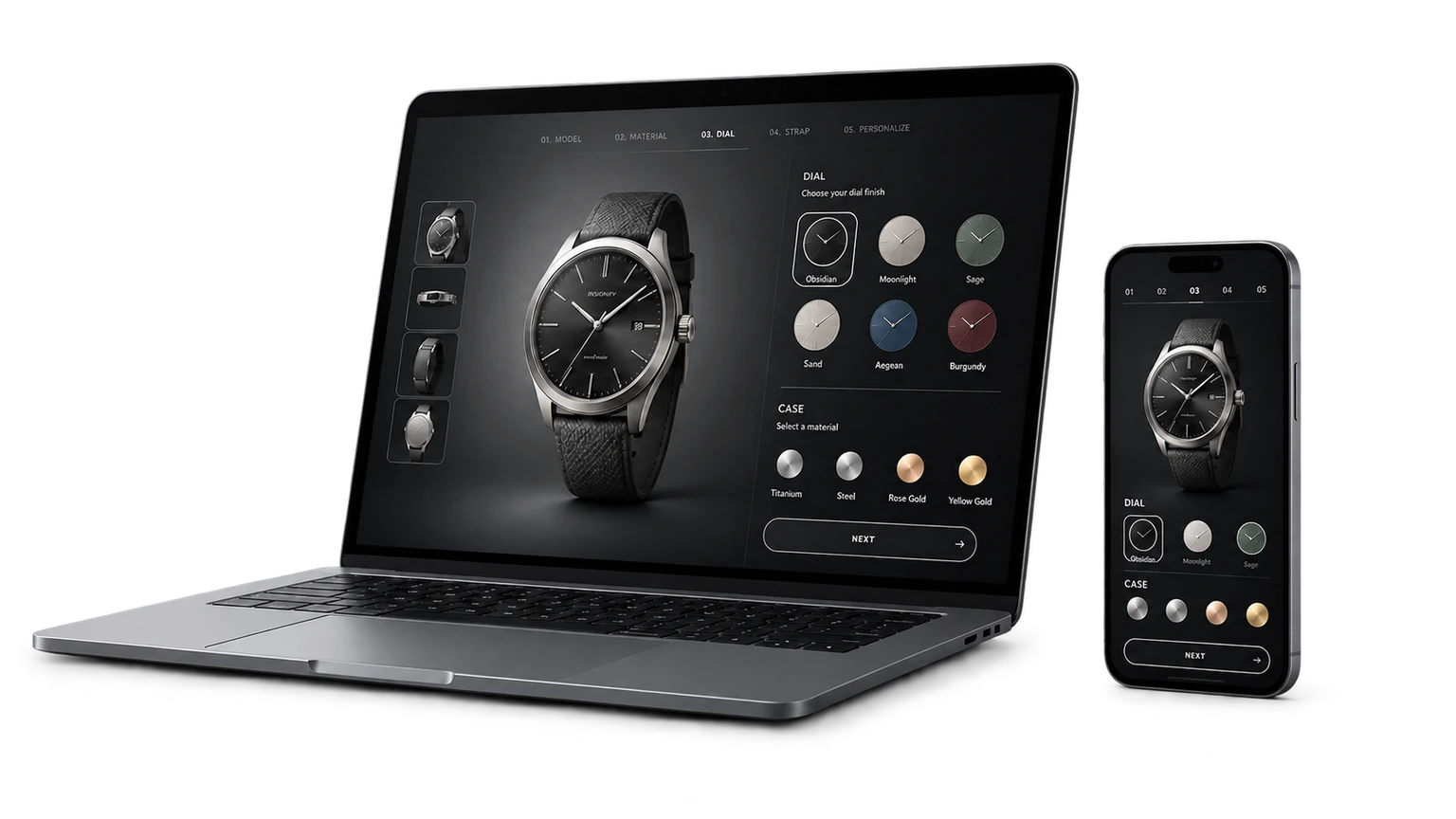 Fictional watch product configuration across desktop and mobile